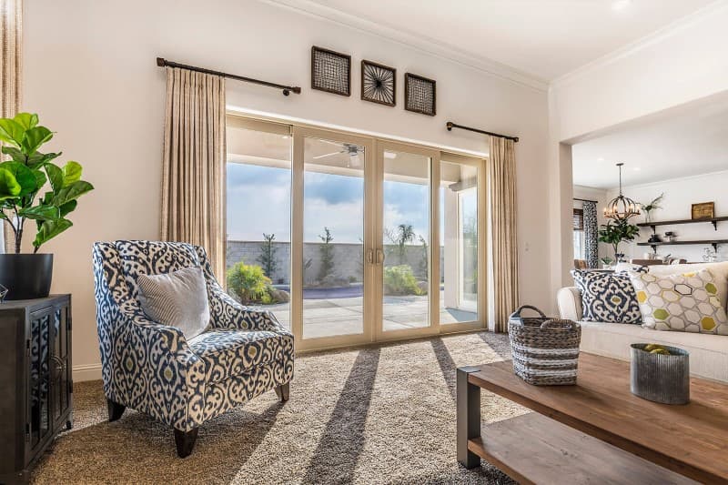 Black-framed picture window with matching trim