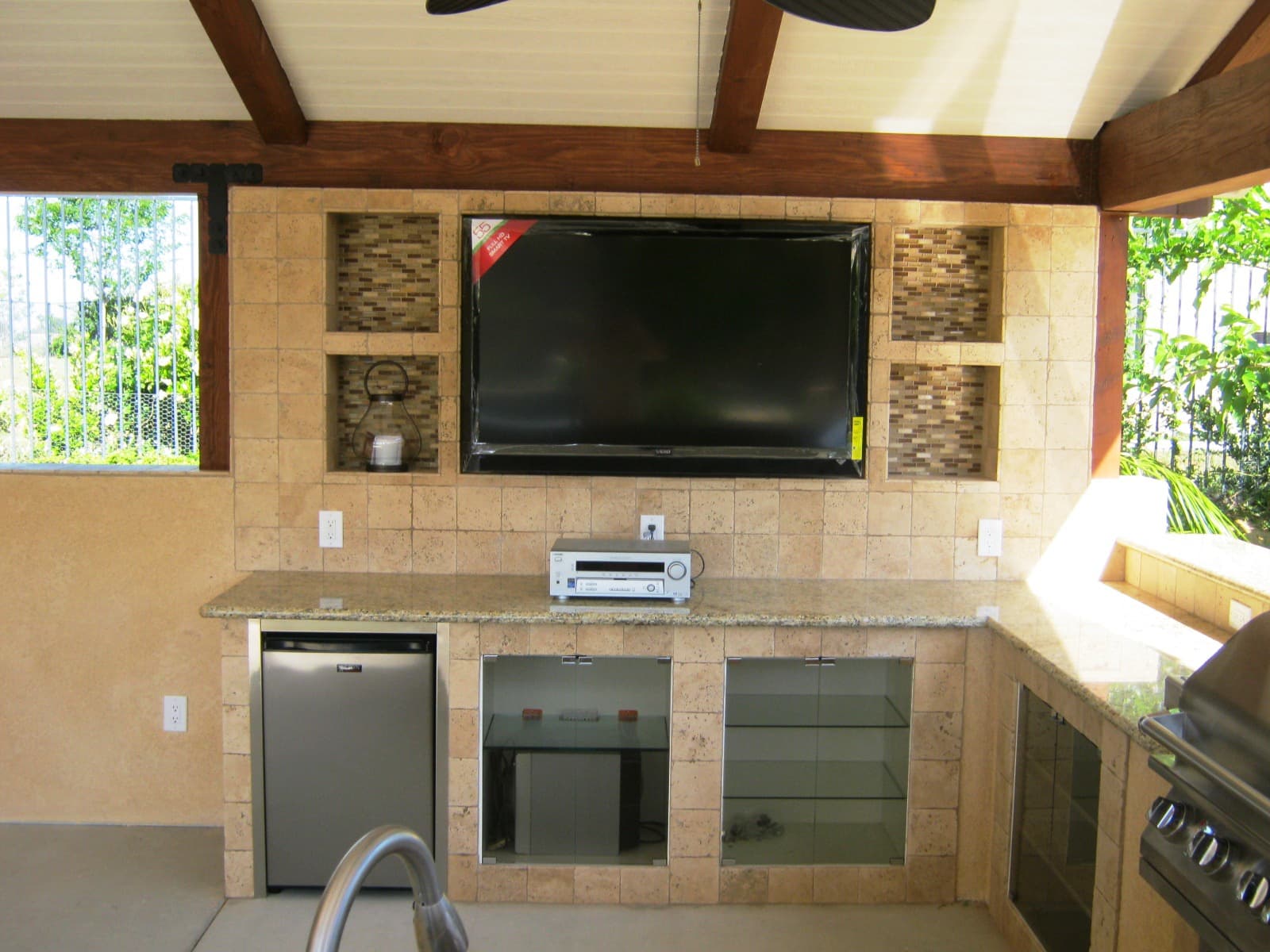 Outdoor fireplace and lounge area