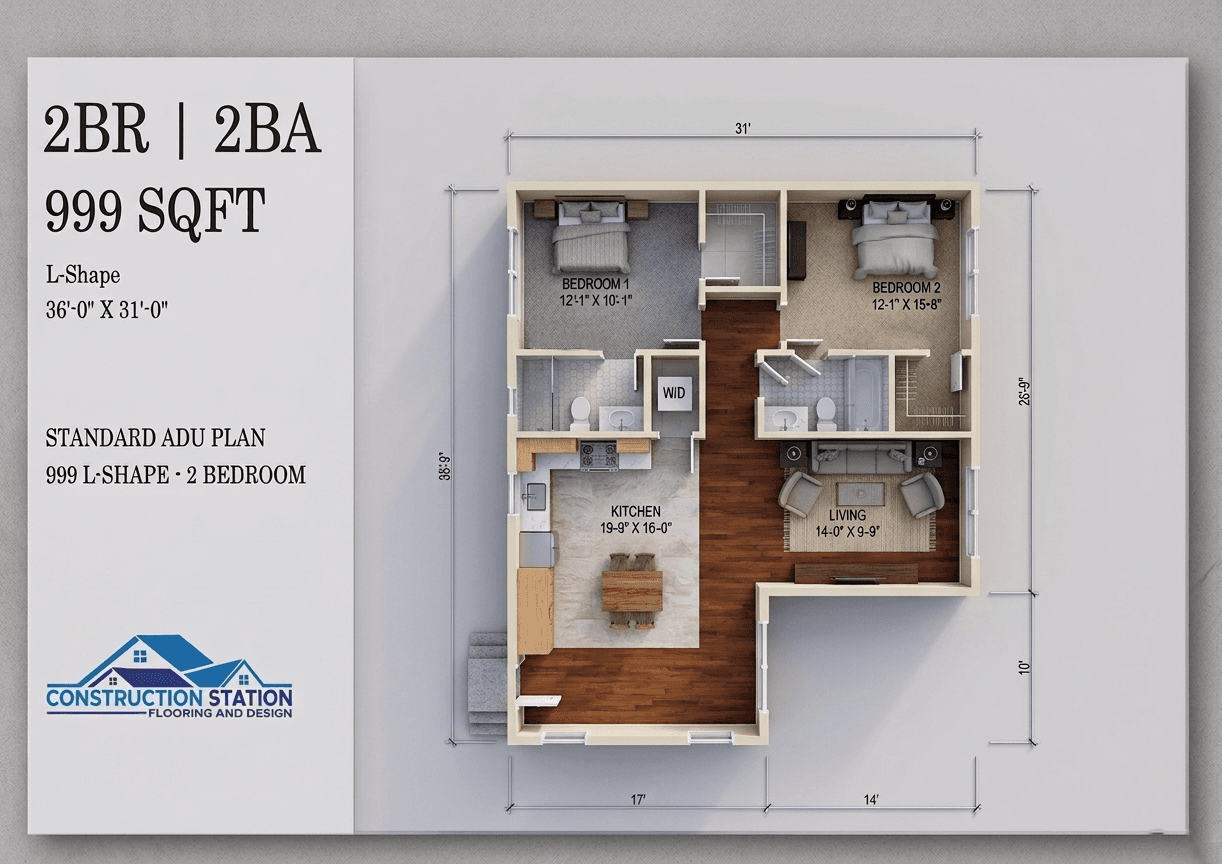 The Rancho ADU — 999 sq ft 2bd / 2ba Detached 3D rendering