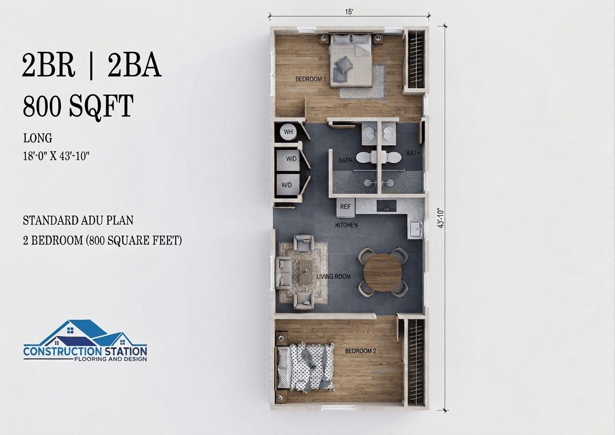 The Ontario ADU — 800 sq ft 2bd / 2ba Detached 3D rendering