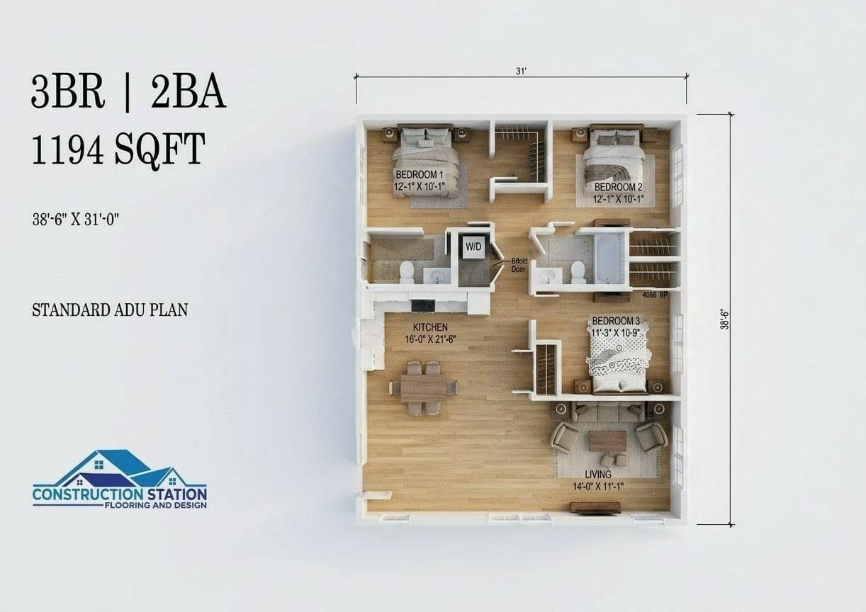 The Inland ADU — 1,194 sq ft 3bd / 2ba Detached 3D rendering