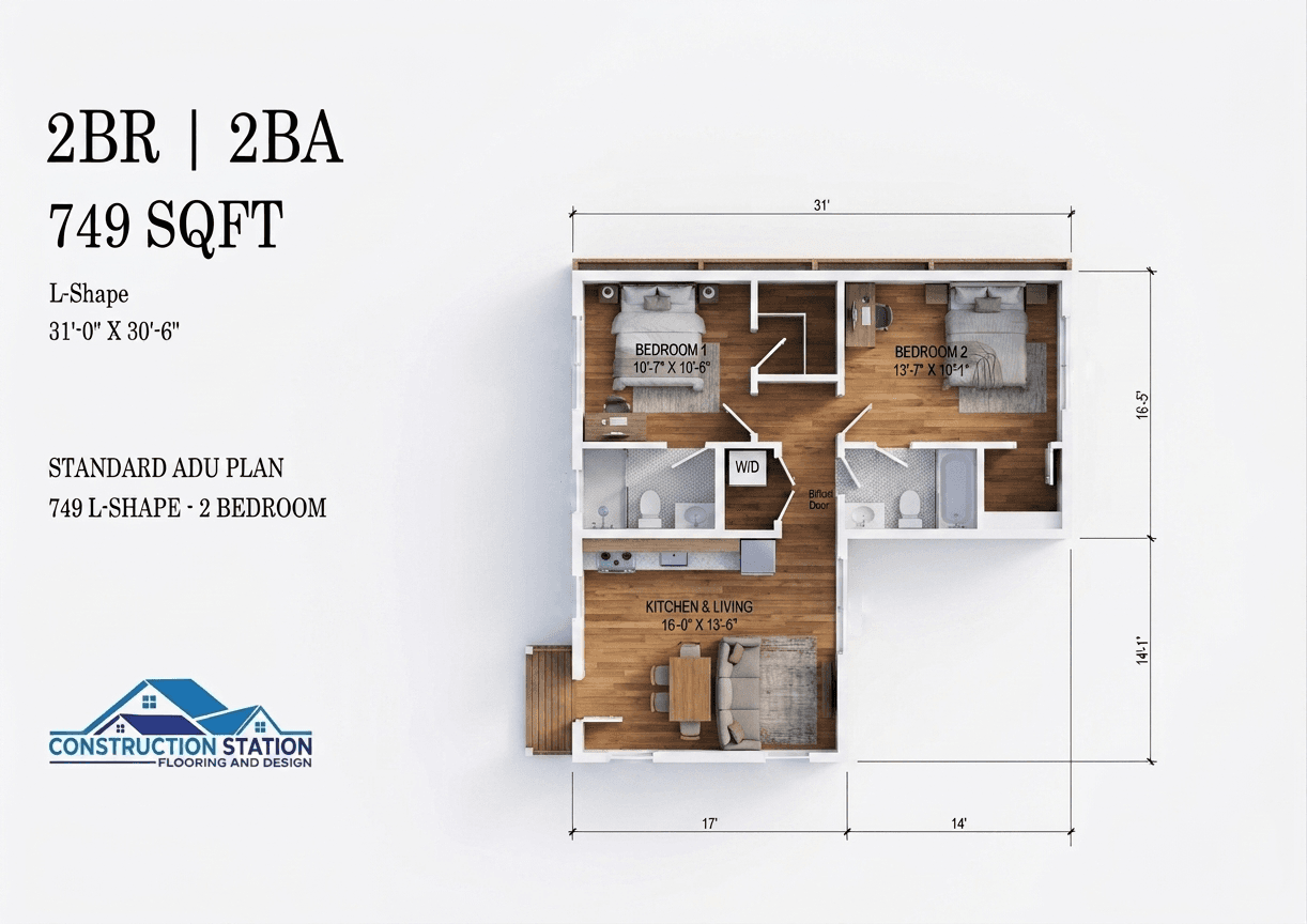 The Fontana ADU — 749 sq ft 2bd / 2ba Detached 3D rendering