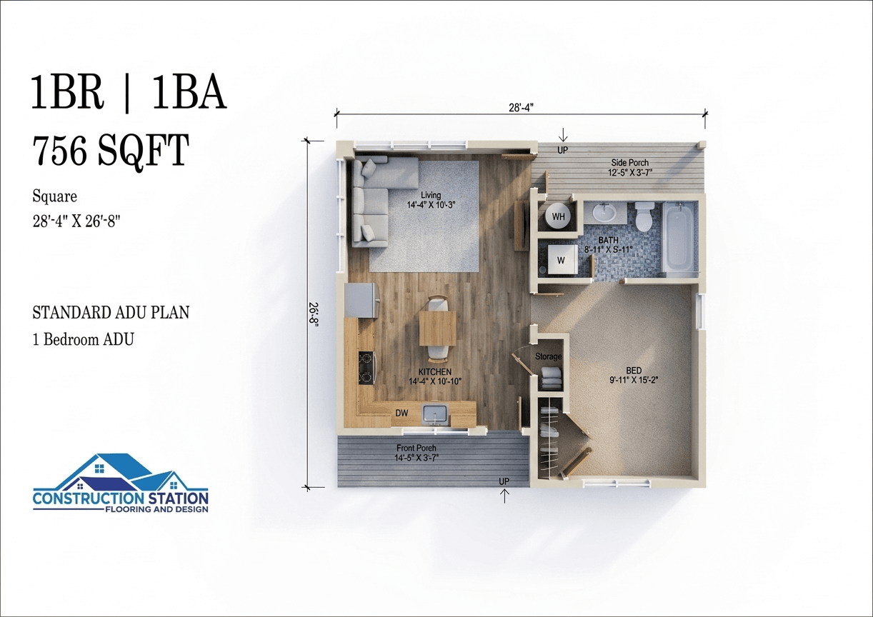 The San Bernardino ADU — 756 sq ft 1bd / 1ba Detached 3D rendering