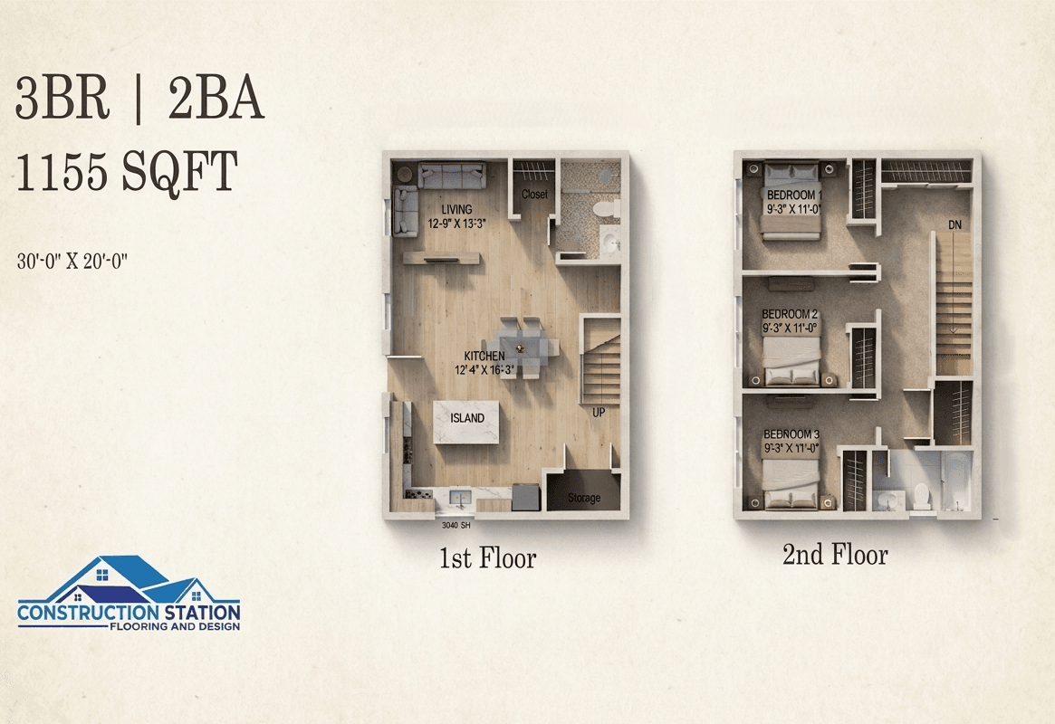 The Palm Desert ADU — 1,155 sq ft 3bd / 2ba 2-Story 3D rendering
