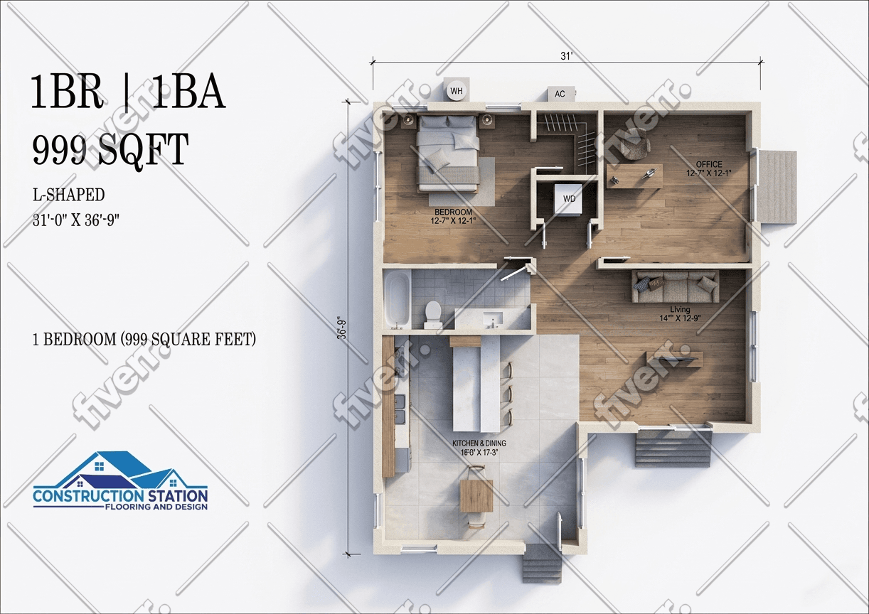 The Beaumont ADU — 999 sq ft 1bd / 1ba Detached 3D rendering