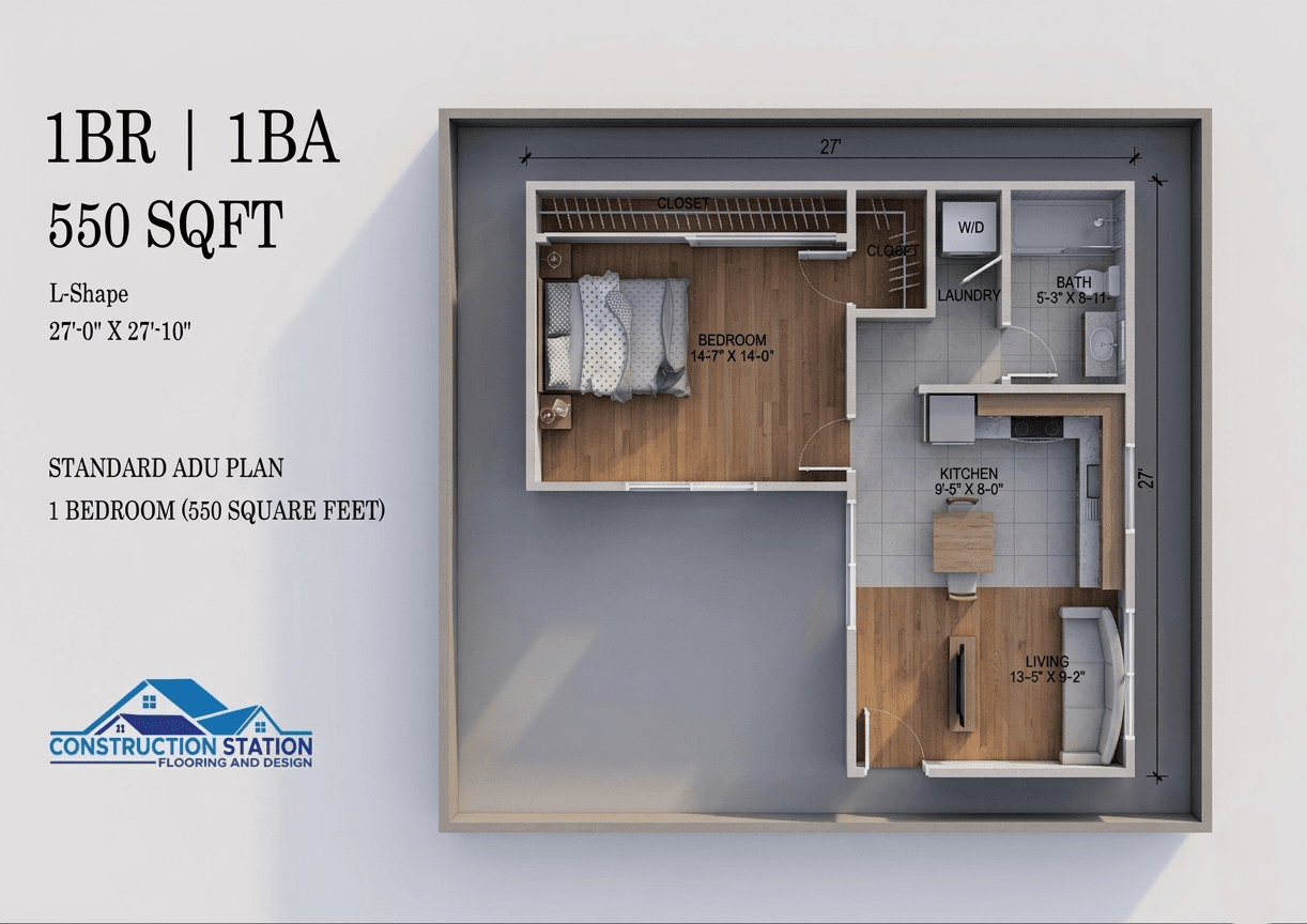 The Highland ADU — 550 sq ft 1bd / 1ba Detached 3D rendering