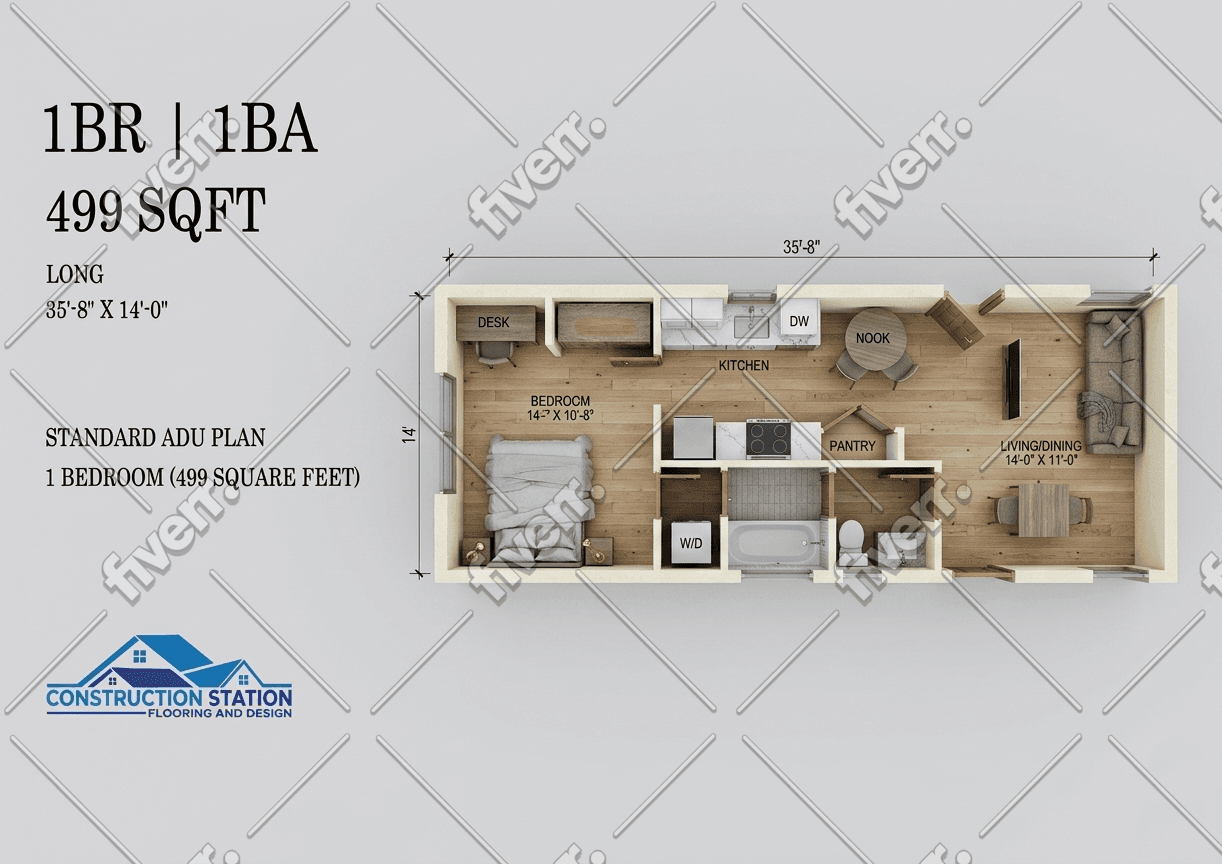 The Redlands ADU — 499 sq ft 1bd / 1ba Detached 3D rendering