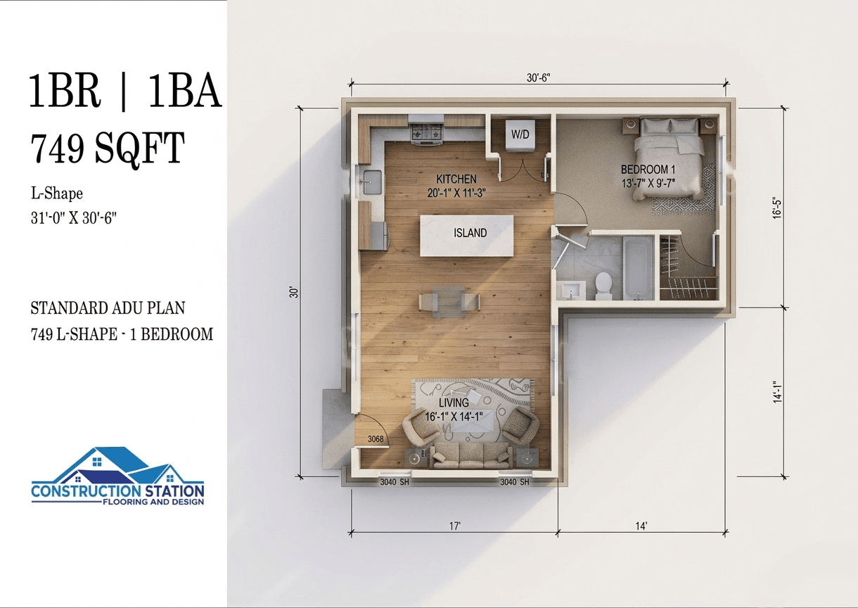 The Loma Linda ADU — 749 sq ft 1bd / 1ba Detached 3D rendering
