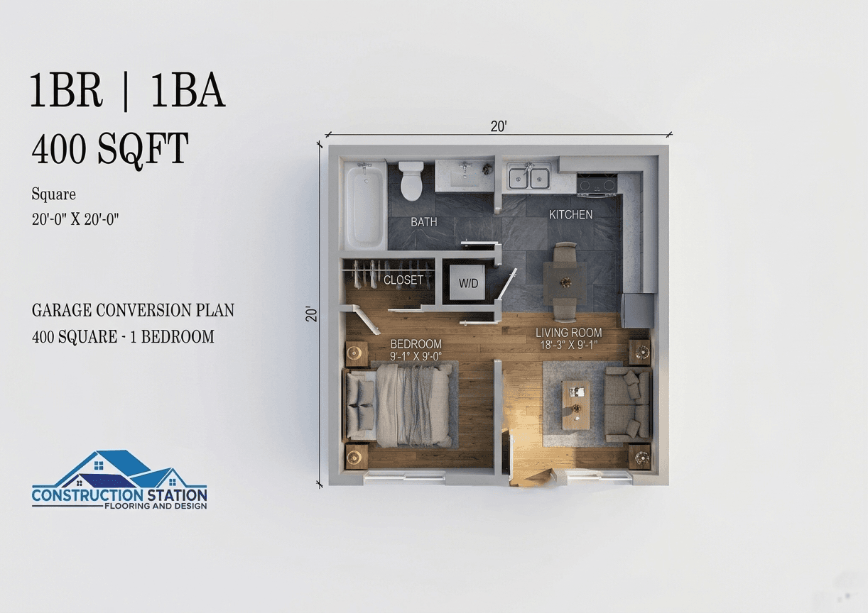 The Yucaipa ADU — 400 sq ft 1bd / 1ba Garage Conversion 3D rendering