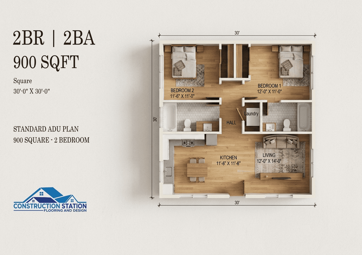 The Riverside ADU — 900 sq ft 2bd / 2ba Detached 3D rendering