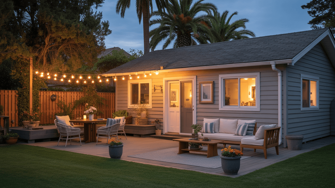 Detached ADU at evening — exterior lighting