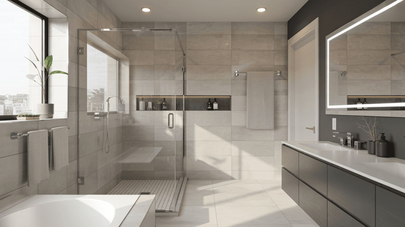Modern bathroom remodel with floating vanity