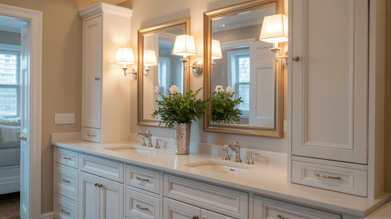 Double vanity detail with quartz countertop and custom mirrors