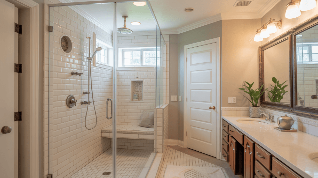 Custom walk-in shower with curbless entry and tile work