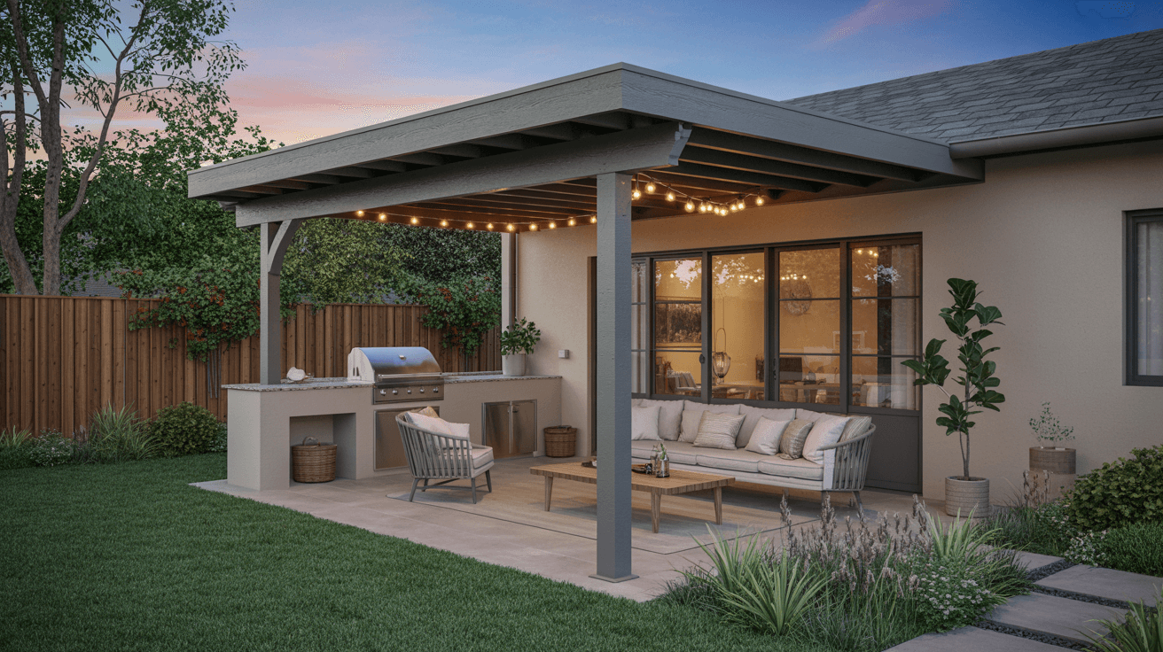 California backyard with alumawood patio cover, outdoor kitchen, and drought-resistant landscaping