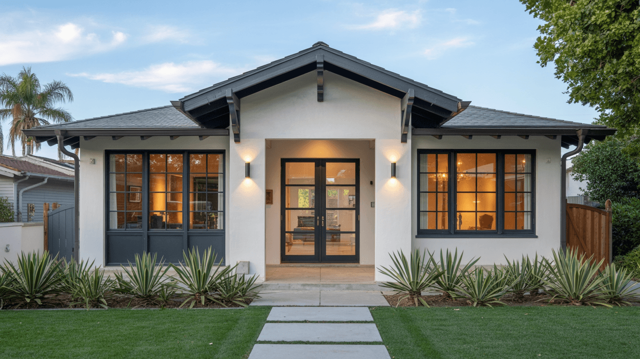 Modern window and door replacement — black frame windows on California craftsman home